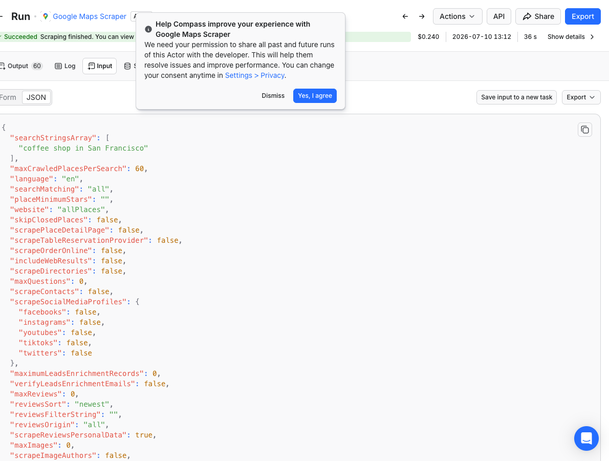 打开 Google Maps Scraper 并填写抓取范围(Apify 控制台真实截图)