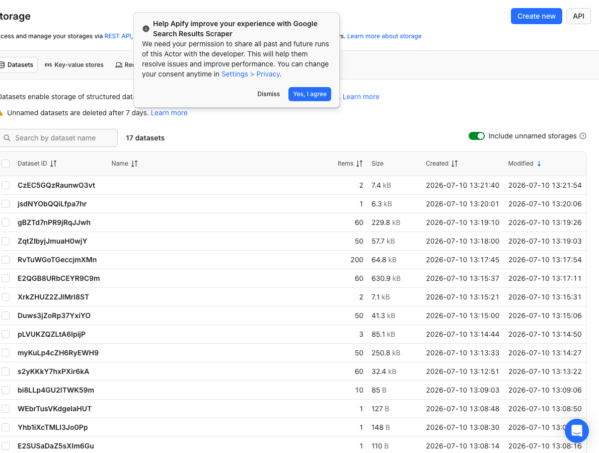 导出结构化 SERP,接进你的 SEO 工作流(Apify 控制台真实截图)